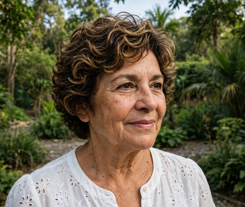 Curly stacked bob with layered nape for mature women