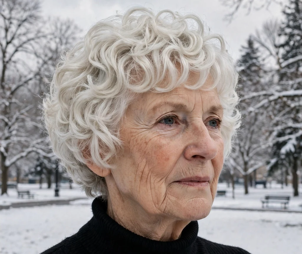 Short layered curly haircut with platinum curls for women over 50