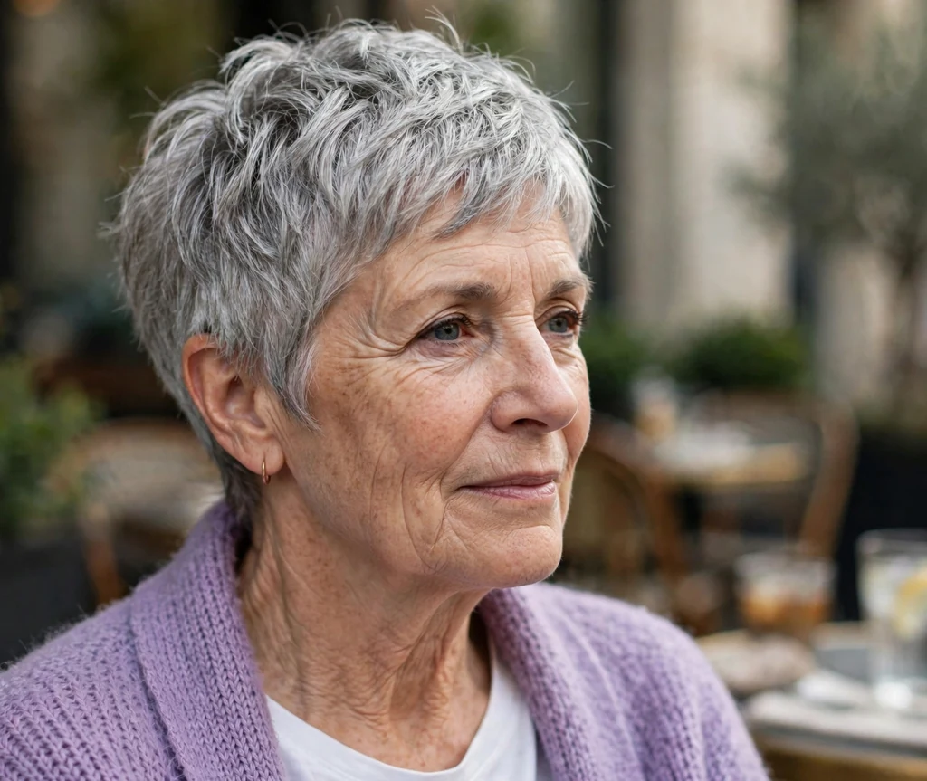 Woman in her mid 60s with a textured silver pixie haircut wearing a lavender cardigan on a cafe terrace