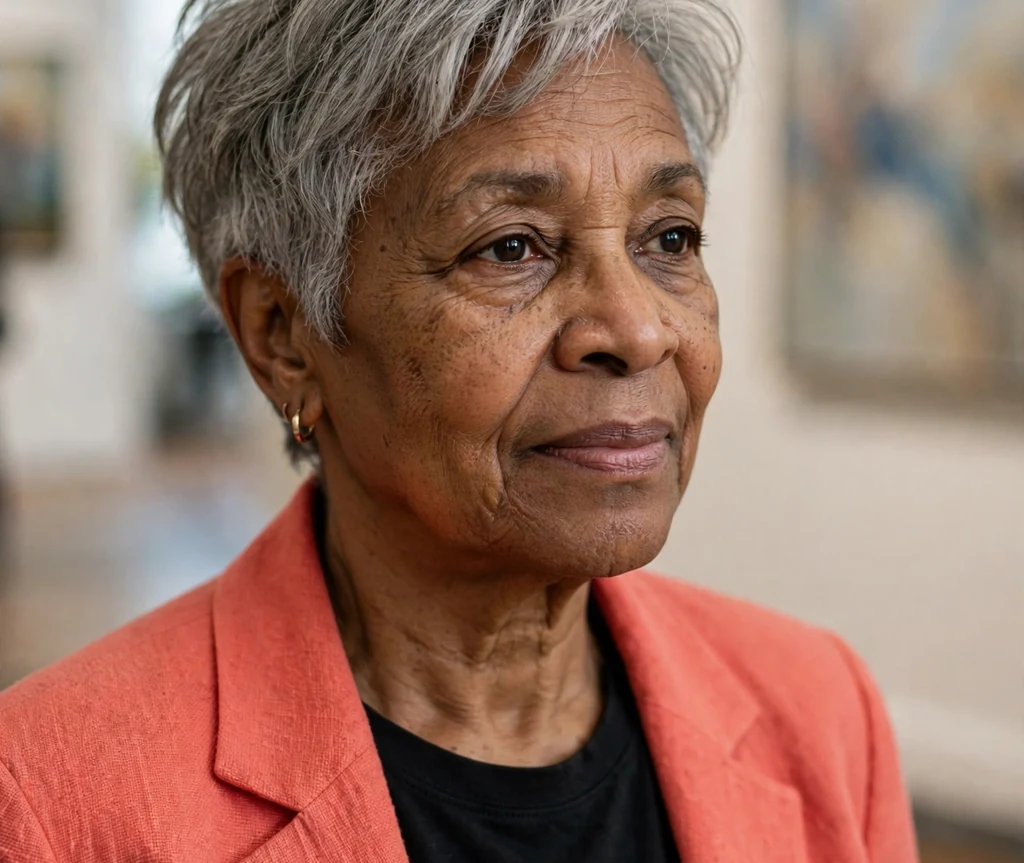 African American woman in her early 60s with a feathered gray crop haircut standing in an art gallery