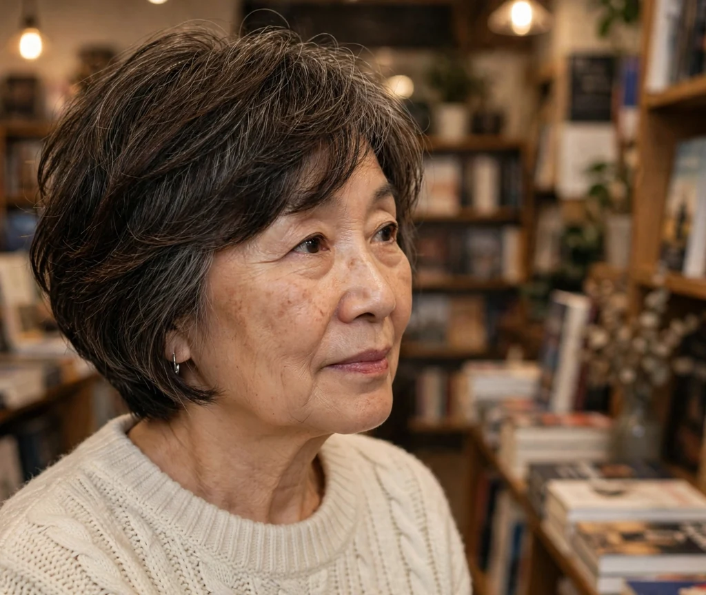 East Asian woman in her late 60s with a layered short bob and side bangs wearing a cream sweater in a bookstore