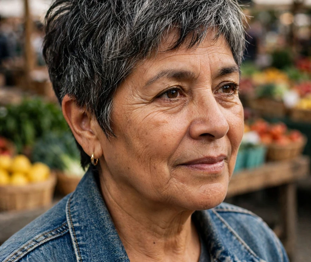 Latina woman in her mid 60s with a choppy salt-and-pepper pixie haircut wearing a denim jacket at a farmers market