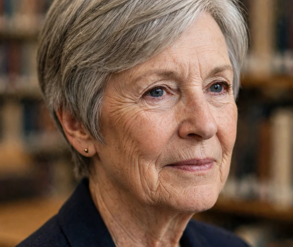 Caucasian woman in her early 70s with a sleek tapered layered haircut wearing a navy blazer in a library