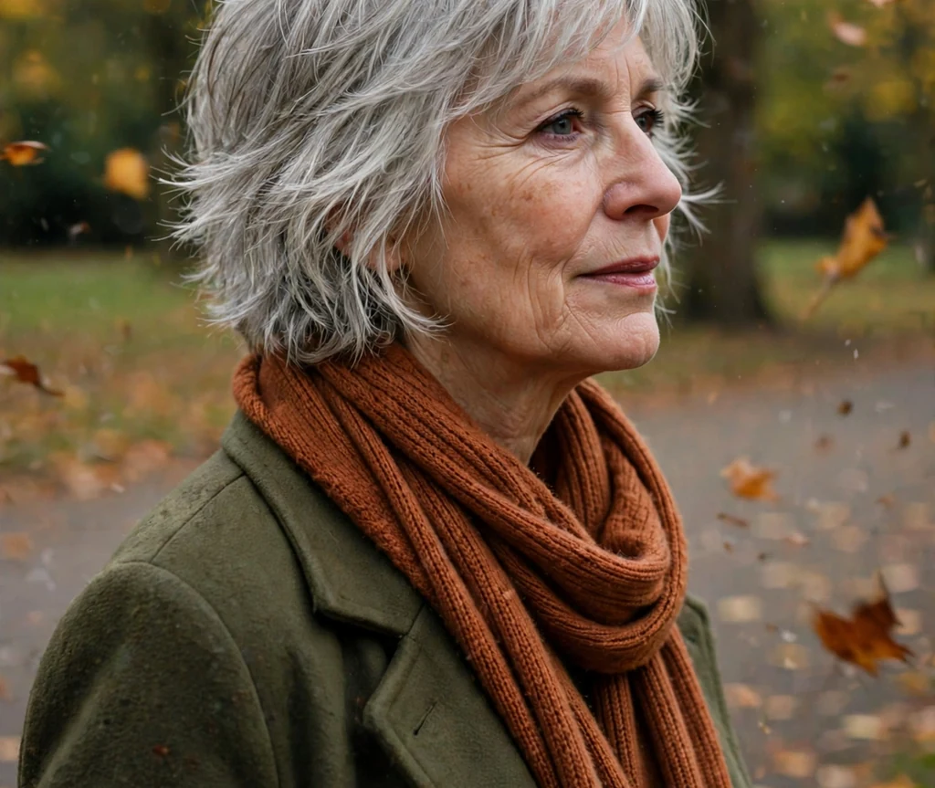 Woman in her late 50s with a wispy silver shag haircut wearing a rust-colored scarf in an autumn park