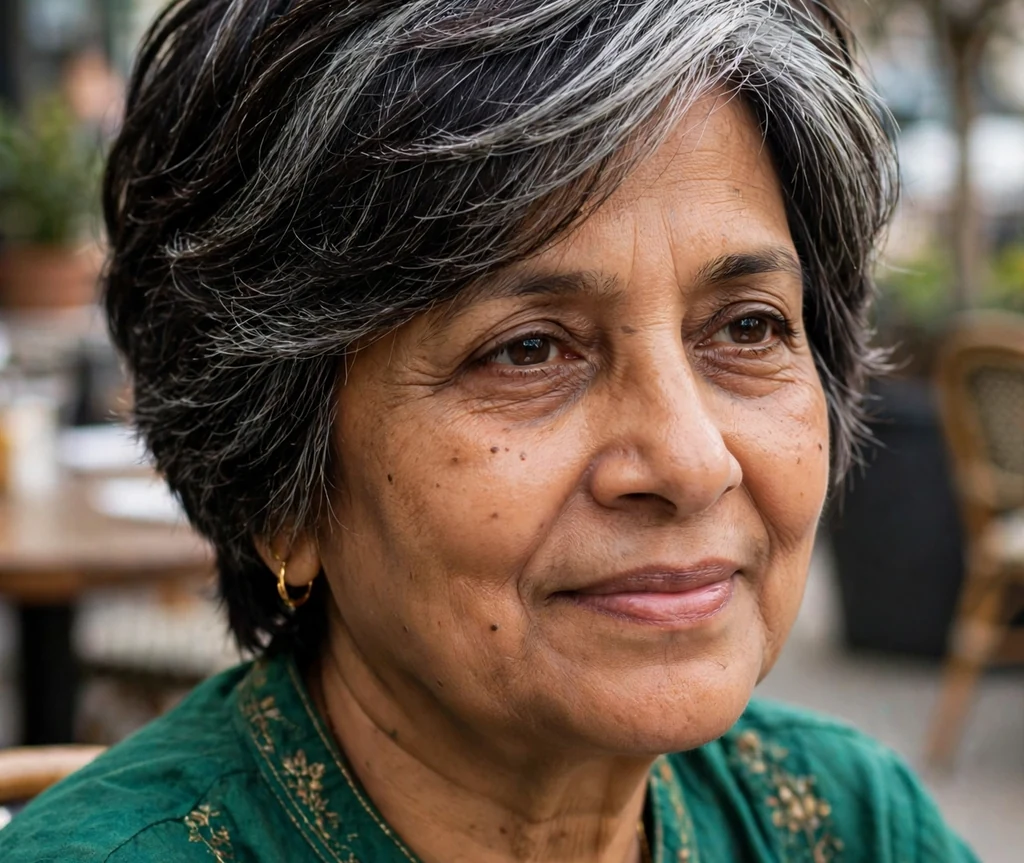 South Asian woman in her early 60s with a layered bixie haircut wearing an emerald green kurta on a restaurant patio