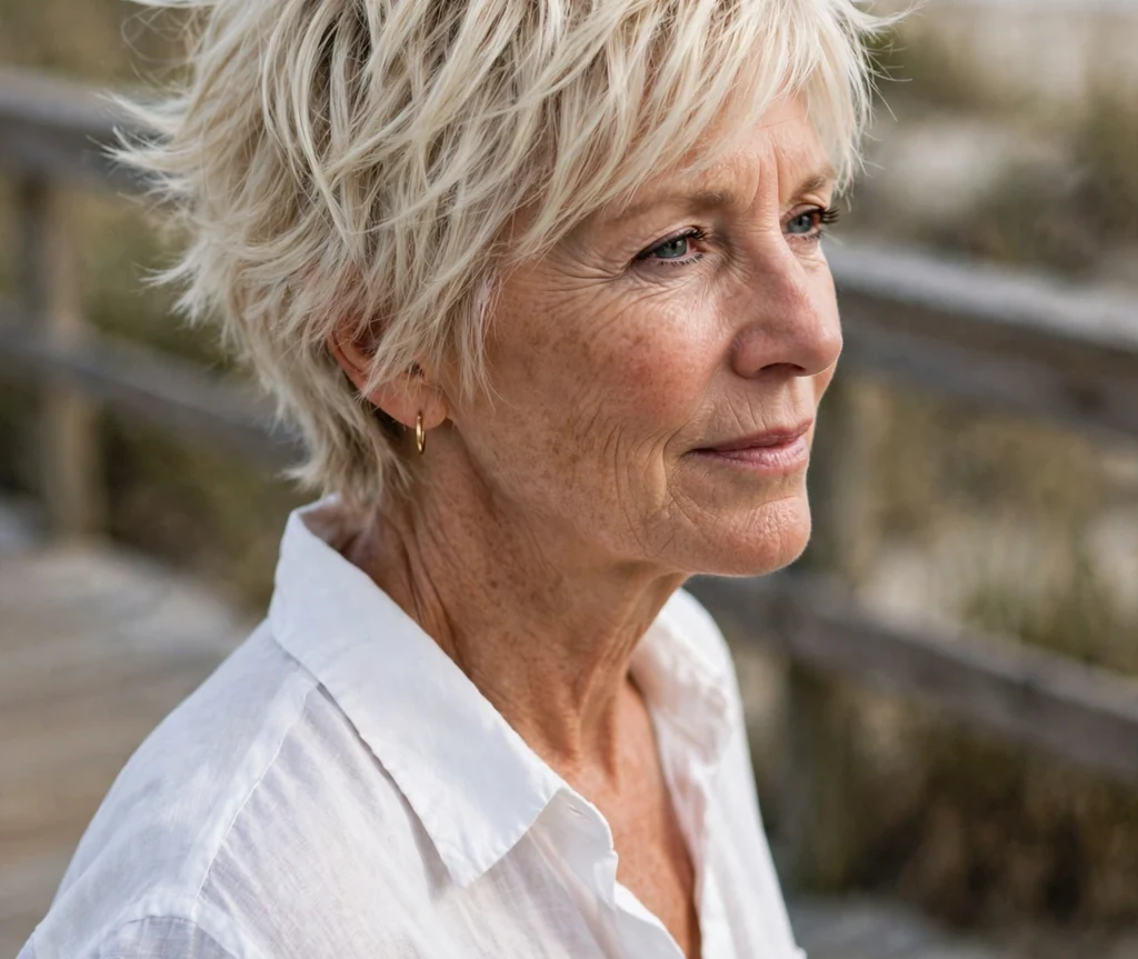 Woman in her mid 60s with tousled platinum layered hair wearing a white linen shirt on a beach boardwalk