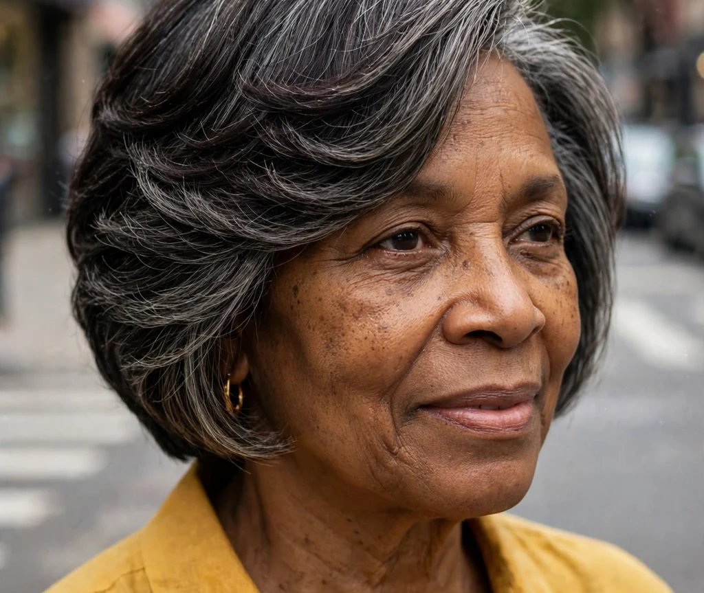 African American woman in her late 60s with a softly stacked layered bob haircut wearing a mustard yellow blouse on a city street