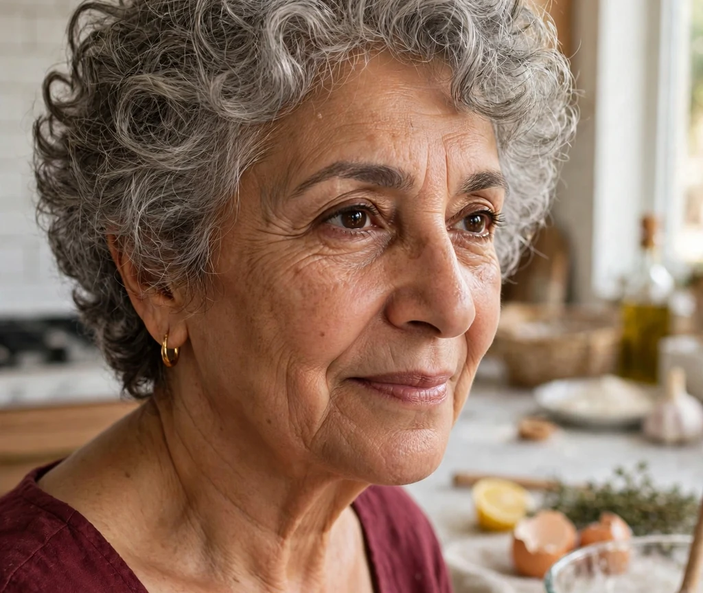 Middle Eastern woman in her early 60s with a curly gray layered pixie haircut wearing a burgundy top in a home kitchen