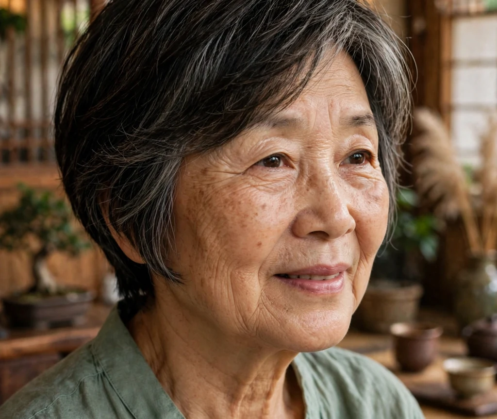 East Asian woman in her mid 60s with a face-framing layered crop haircut wearing a sage green blouse in a tea house