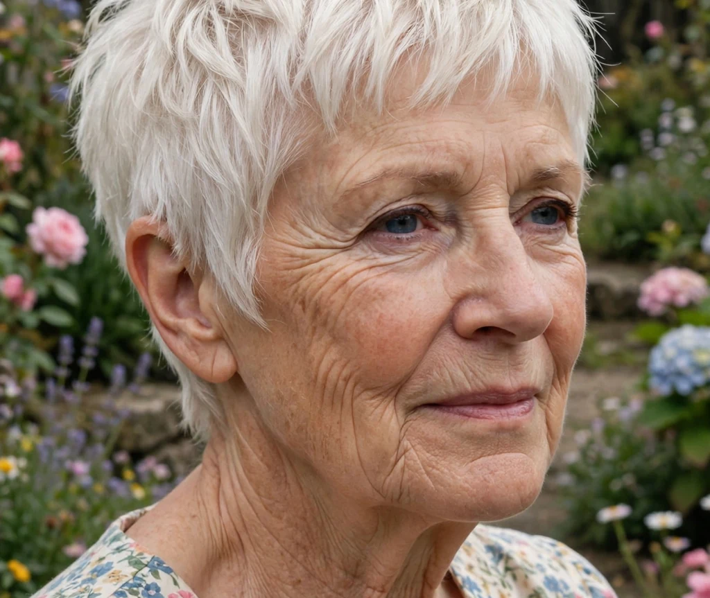 Caucasian woman in her early 70s with a piecey white blonde pixie haircut wearing a floral dress in a cottage garden