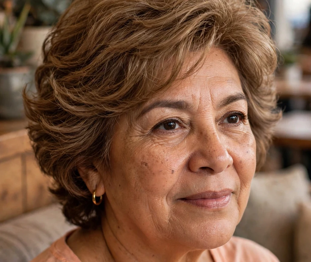 Latina woman in her late 50s with a voluminous layered short haircut wearing a peach top inside a cozy cafe