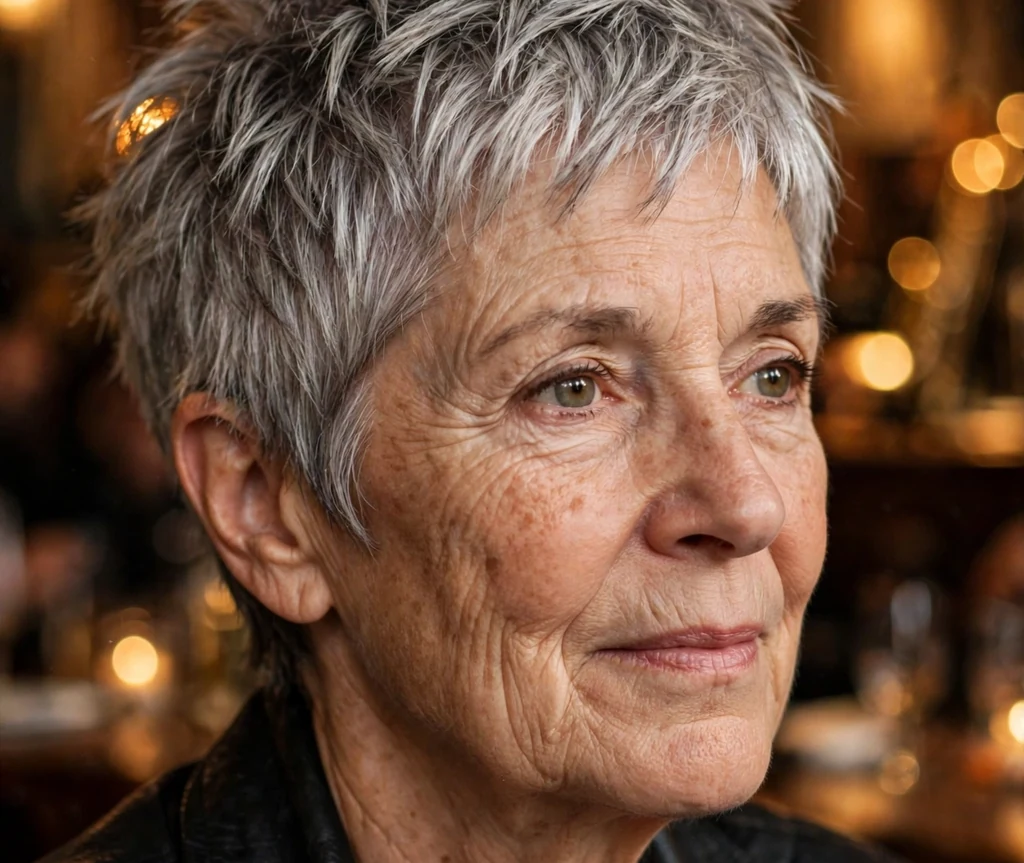 Woman in her mid 60s with razored short silver layered hair wearing a black leather jacket at a jazz club