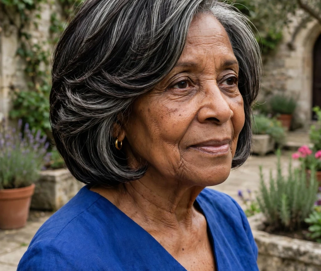 African American woman in her early 70s with a classic graduated layered bob haircut wearing a royal blue dress in a church courtyard garden