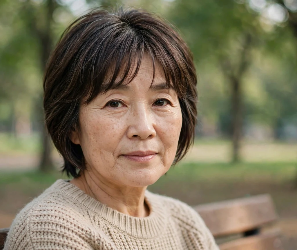 East Asian woman in her late 50s with a layered short haircut and curtain bangs wearing a beige knit sweater on a park bench