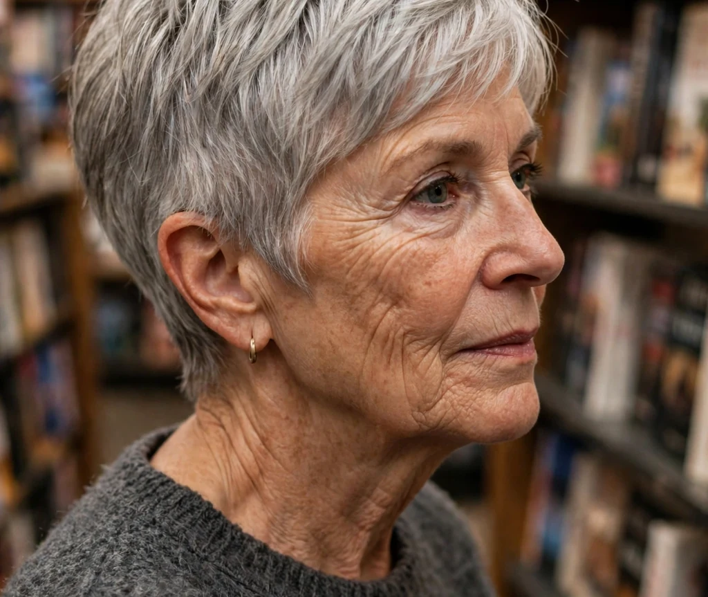Woman in her late 60s with a silver fox tapered pixie haircut wearing a charcoal sweater in a bookstore