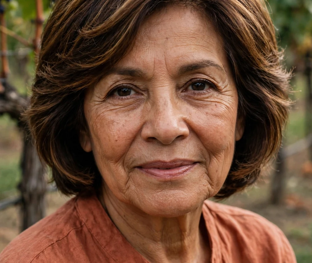 Latina woman in her early 60s with soft layered short hair with warm brown highlights wearing a terracotta blouse in a vineyard garden