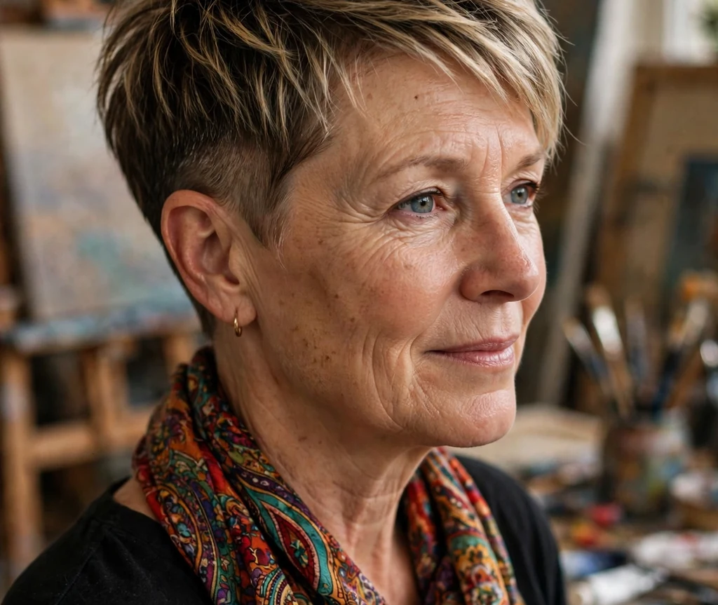 Woman in her mid 50s with an undercut layered pixie haircut wearing a black top and colorful scarf in an art studio