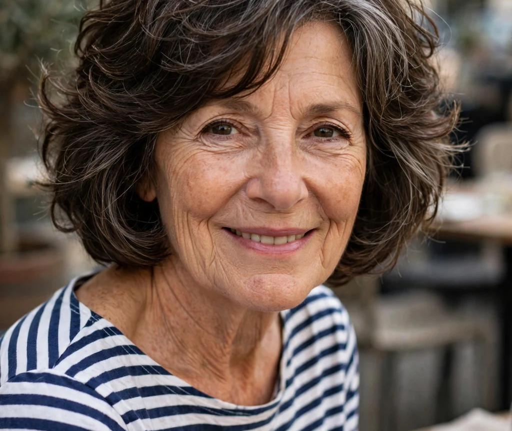 Woman in her early 60s with a bouncy layered French bob haircut wearing a striped Breton top at an outdoor cafe