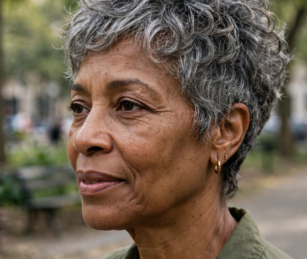 African American woman in her mid 50s with a messy chic layered pixie haircut wearing an olive green shirt in a city park