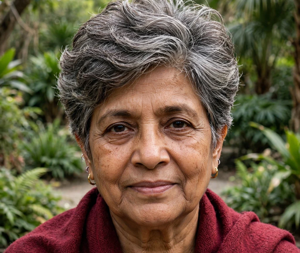 South Asian woman in her late 60s with a feathered crown layered crop haircut wearing a maroon shawl in a botanical garden