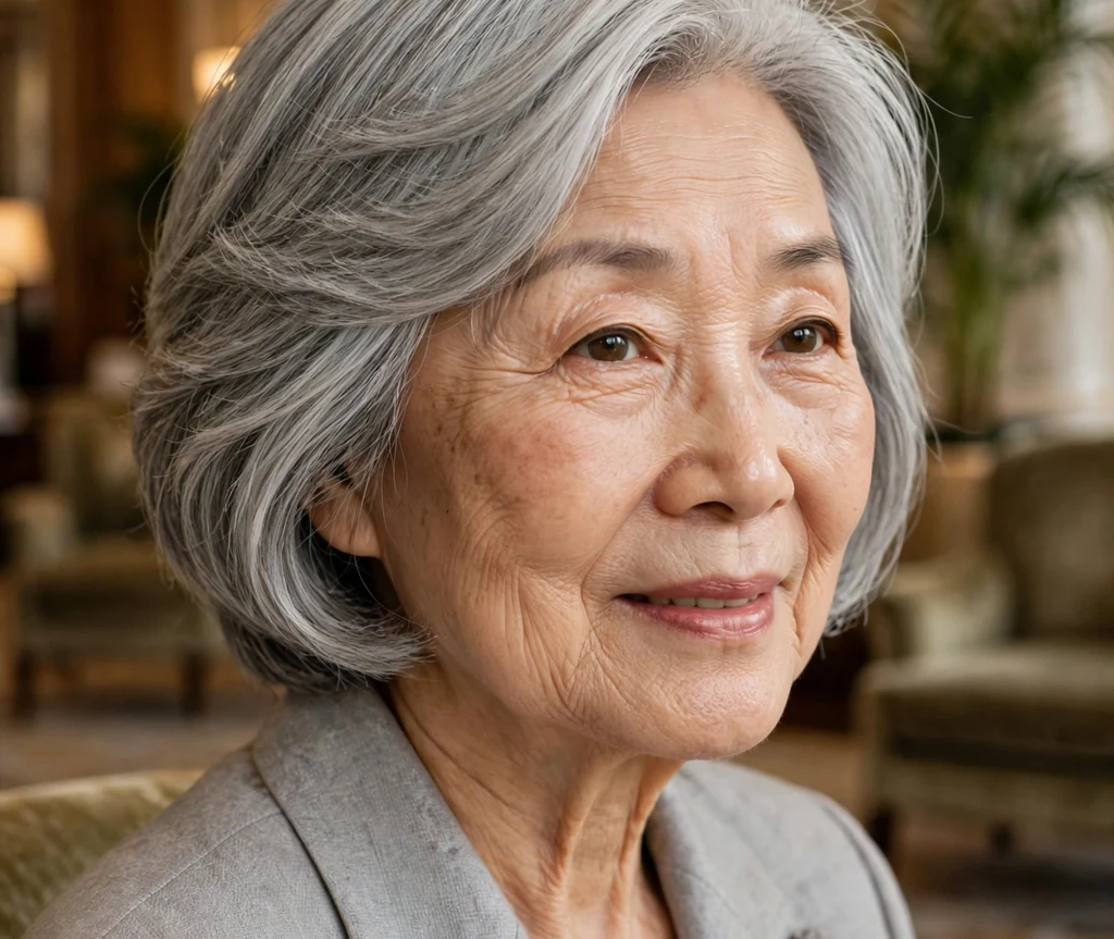 East Asian woman in her early 70s with an elegant side-swept layered bob haircut wearing a pearl-gray suit jacket in a hotel lobby