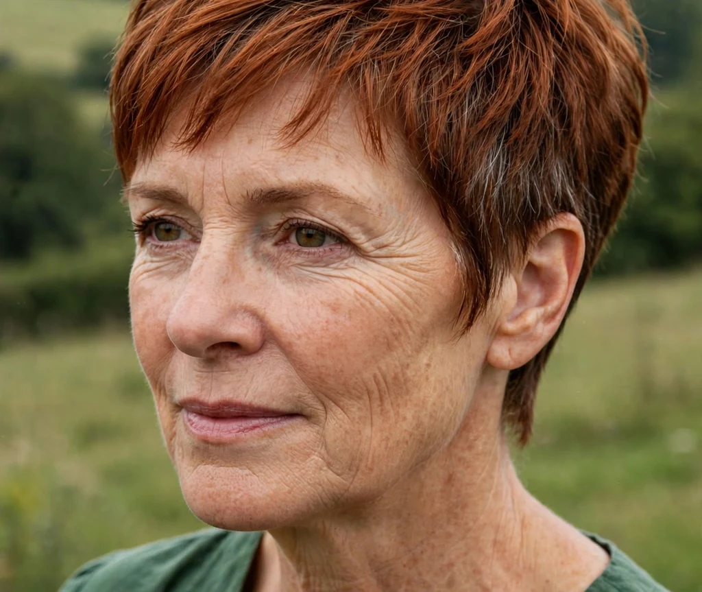 Woman in her late 50s with a textured auburn layered crop haircut wearing a forest green dress in the countryside