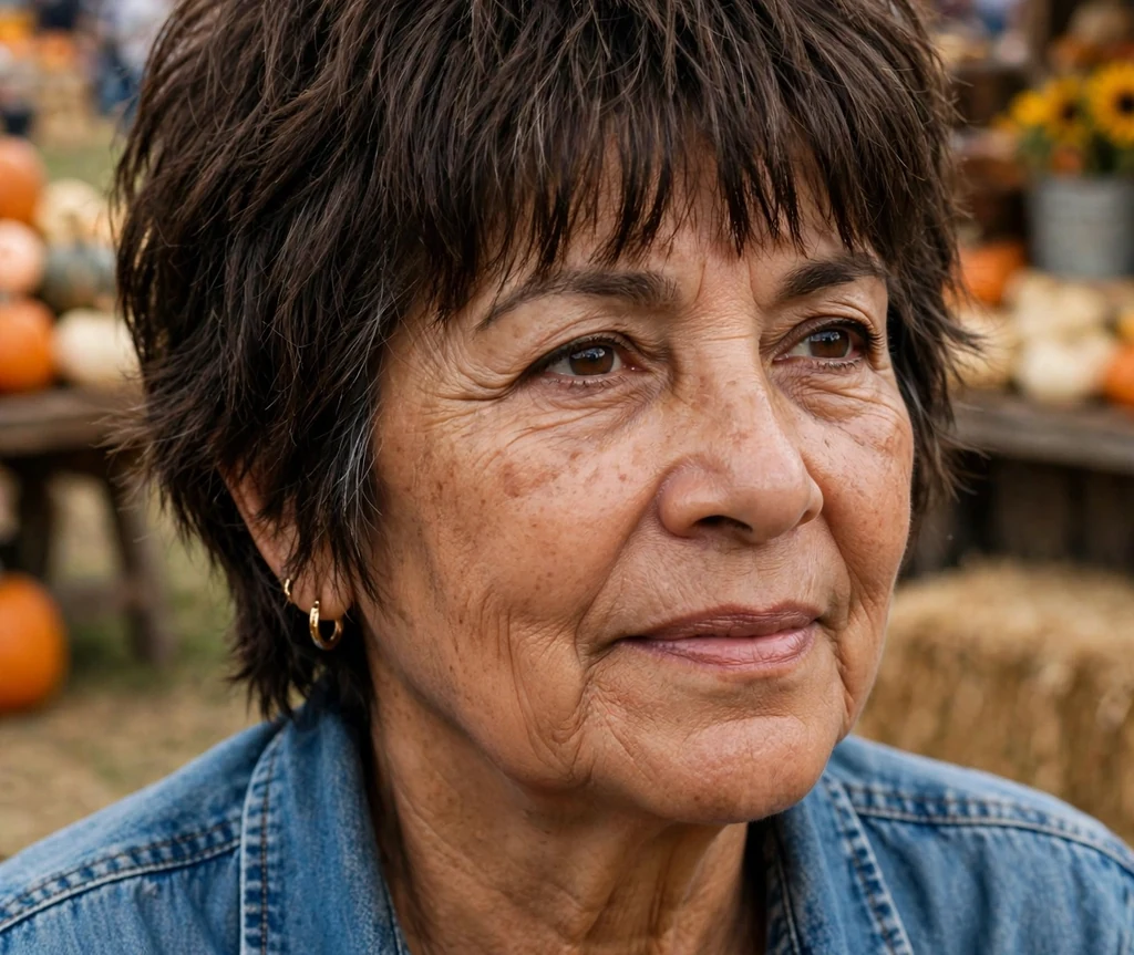 Latina woman in her mid 60s with a short layered shag haircut with bangs wearing a denim shirt at an outdoor country fair