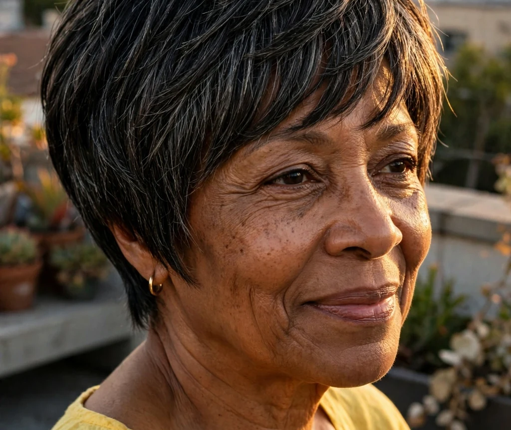 African American woman in her early 60s with a layered pixie bob hybrid haircut wearing a bright yellow top on a rooftop terrace