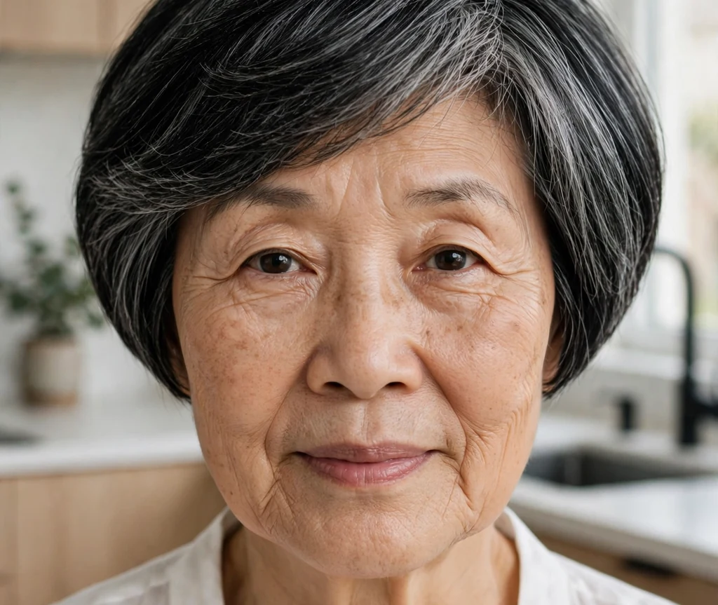 East Asian woman in her mid 60s with a modern mushroom cut with layers wearing a white blouse in a modern kitchen