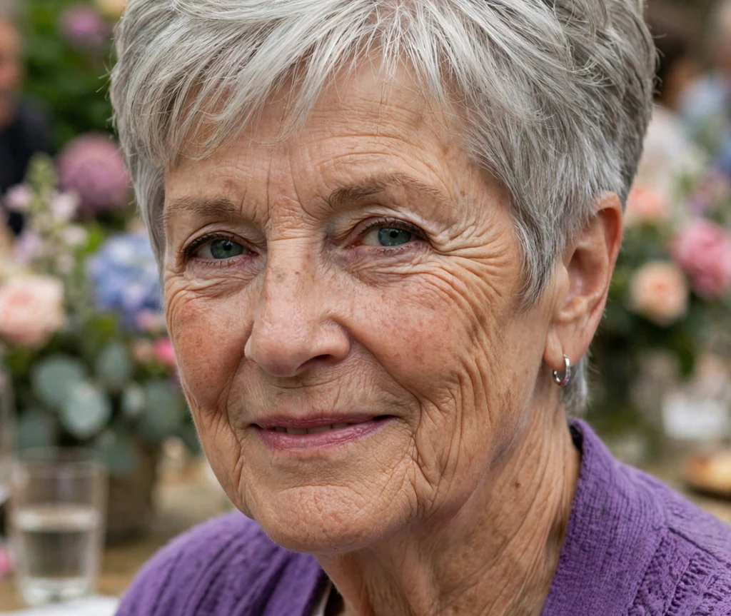 Woman in her early 70s with a silver layered crop haircut with volume on top wearing a purple cardigan at a garden party