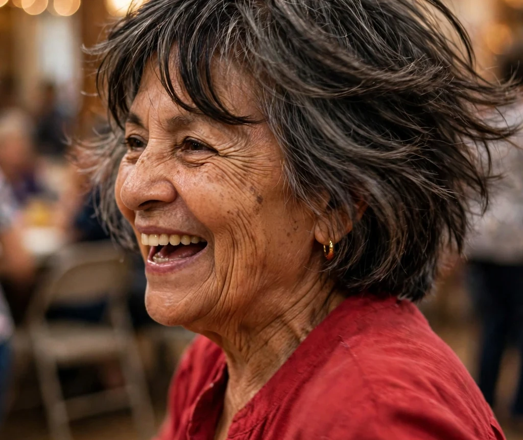 Latina woman in her late 60s with a layered short haircut with swoopy bangs wearing a red blouse in a community hall