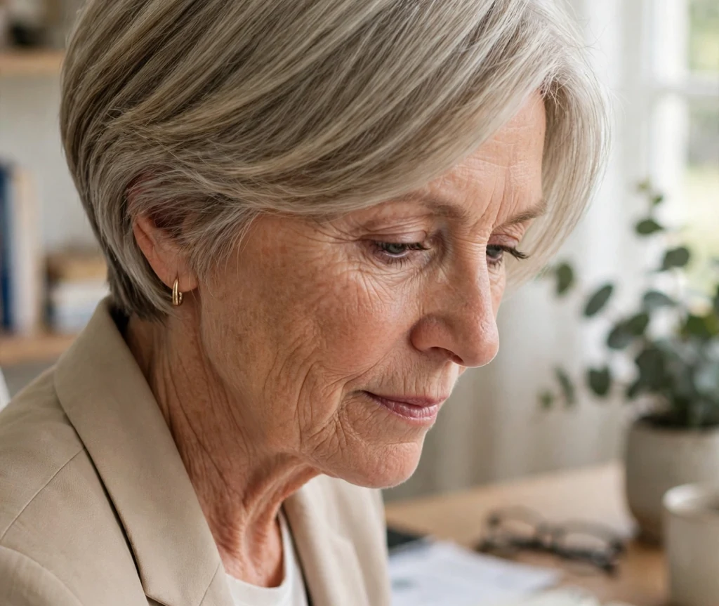 Woman in her mid 60s with a polished layered wedge haircut wearing a beige blazer in a home office