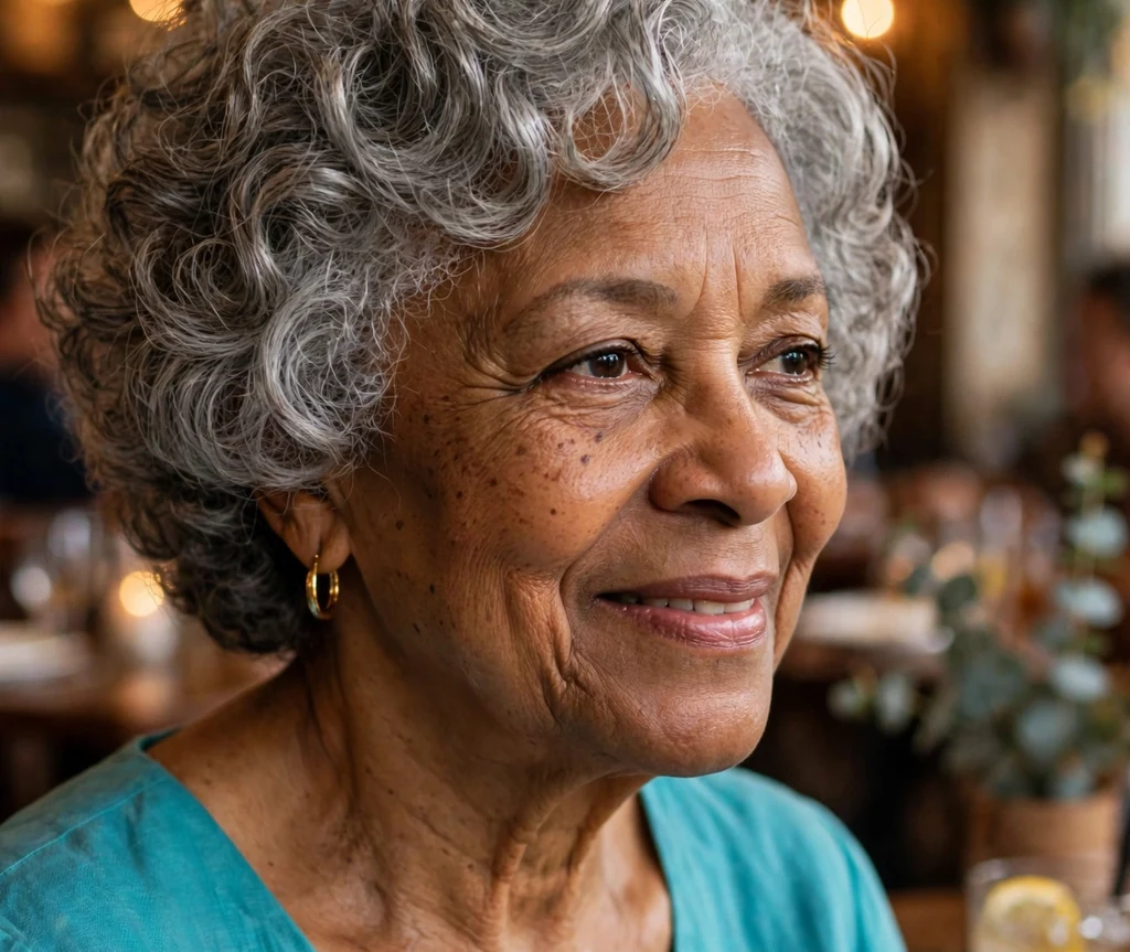 African American woman in her late 60s with natural gray layered curls wearing a turquoise dress at a jazz brunch