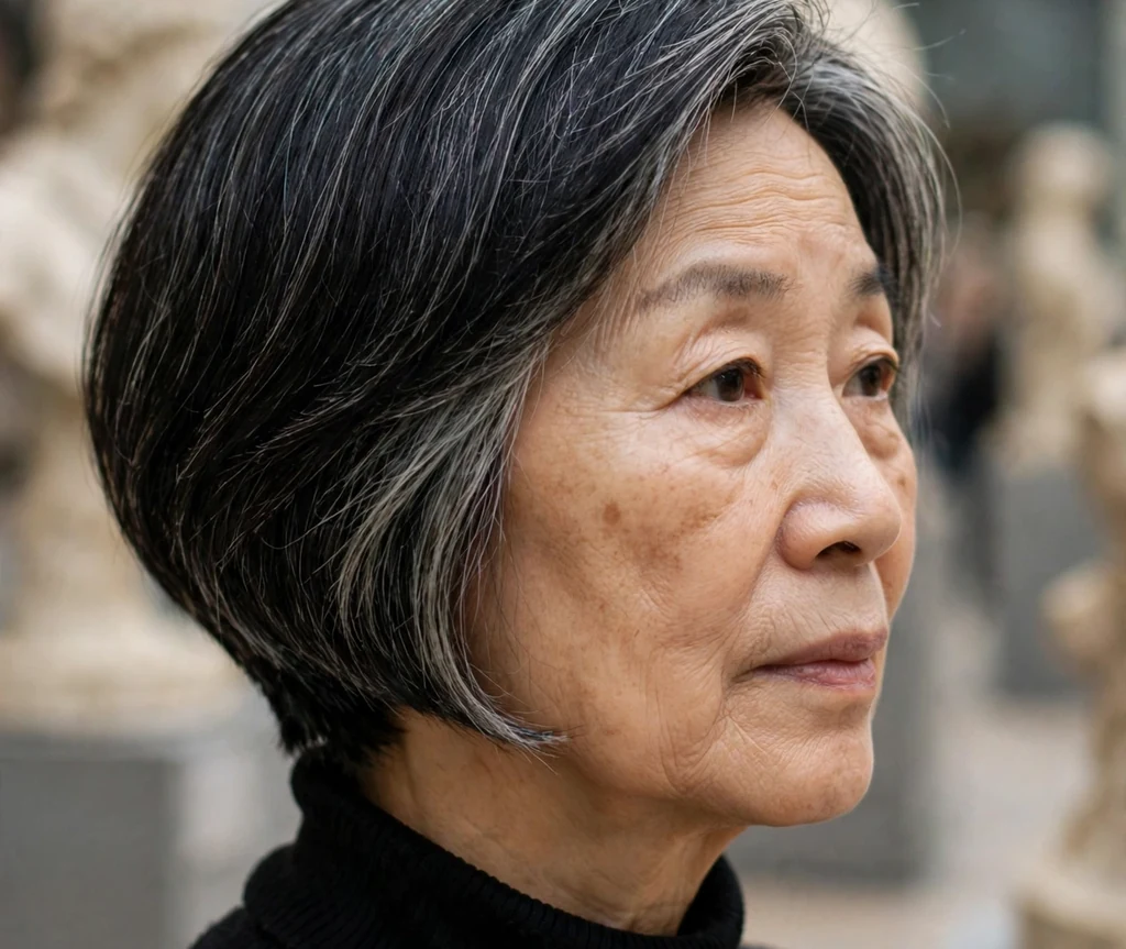 East Asian woman in her early 60s with a layered bob with tapered nape wearing a black turtleneck in an art museum
