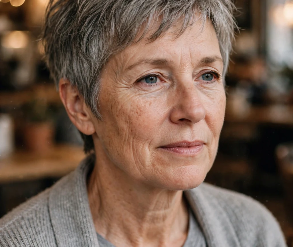 Woman in her late 50s with an effortless bedhead layered pixie haircut wearing a gray t-shirt and cardigan in a coffee shop