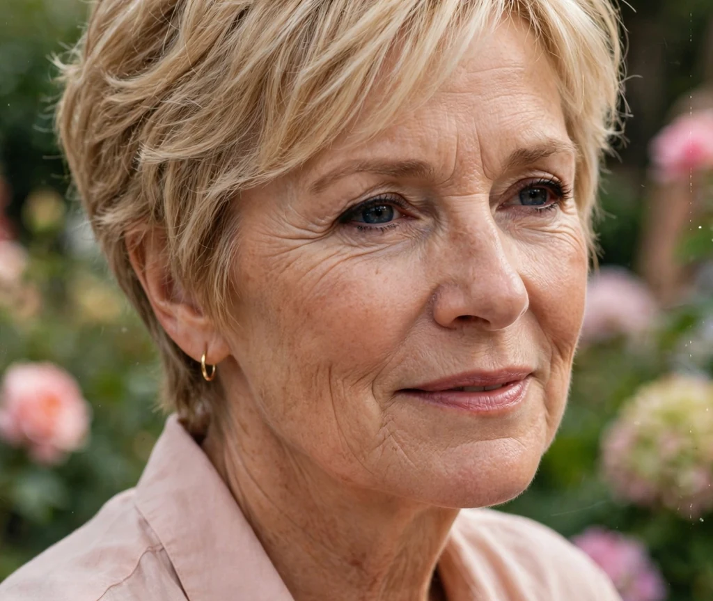 Woman in her early 60s with a champagne blonde layered crop haircut wearing a blush pink blouse at a garden party