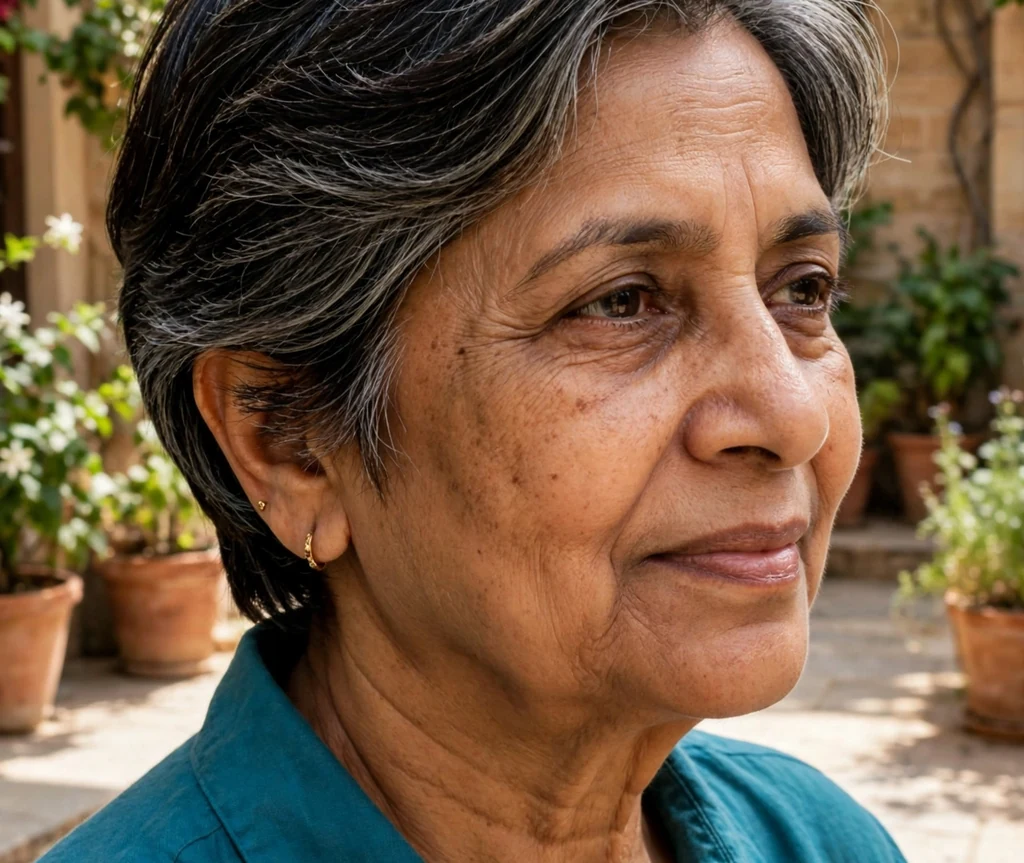 South Asian woman in her mid 60s with a layered short haircut with tucked sides wearing a teal blouse in a sunlit courtyard