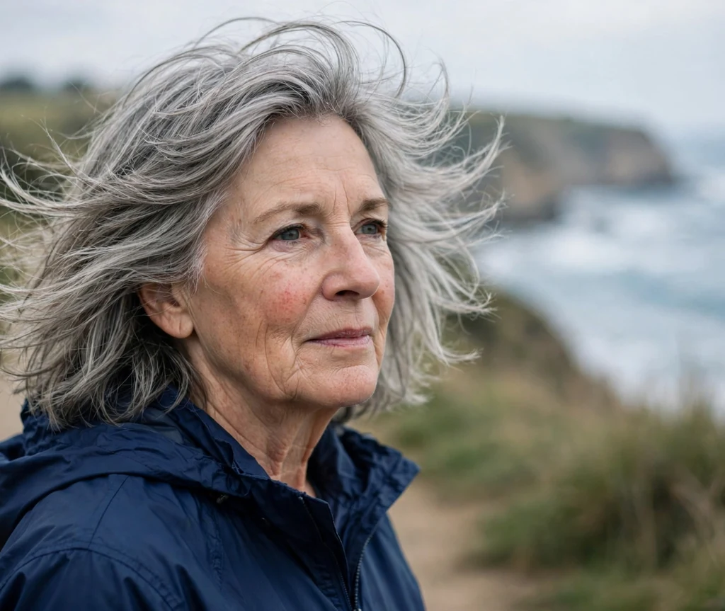Woman in her late 60s with a windblown gray layered hairstyle wearing a windbreaker on a coastal cliff walk
