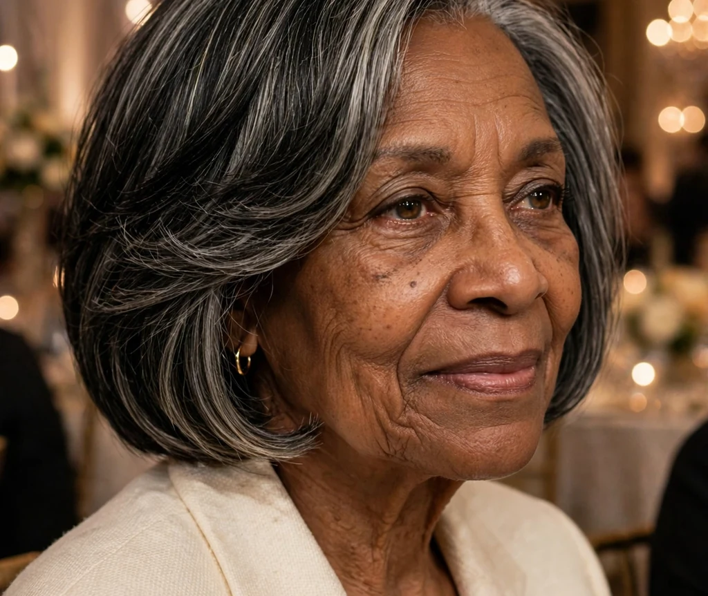 African American woman in her early 70s with a sophisticated ear-length layered bob haircut wearing a cream suit at a charity gala