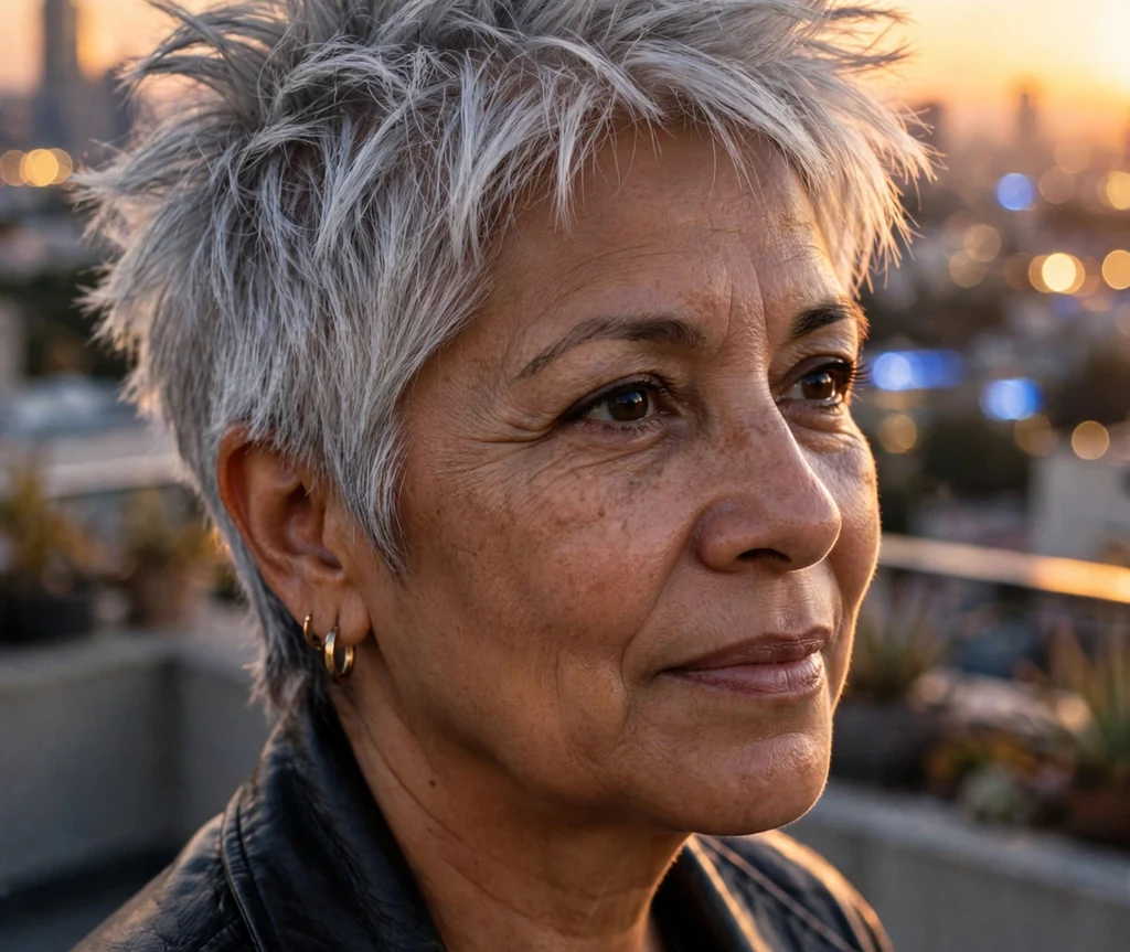 Latina woman in her mid 50s with bold silver spiky layered hair wearing a black leather jacket on a rooftop terrace at sunset