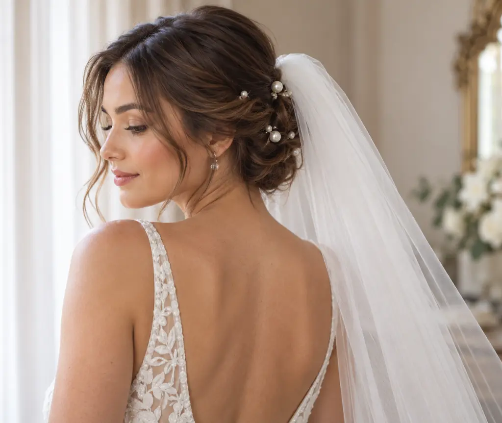 Short Lob with a Low Twisted Updo and Pearl Pins