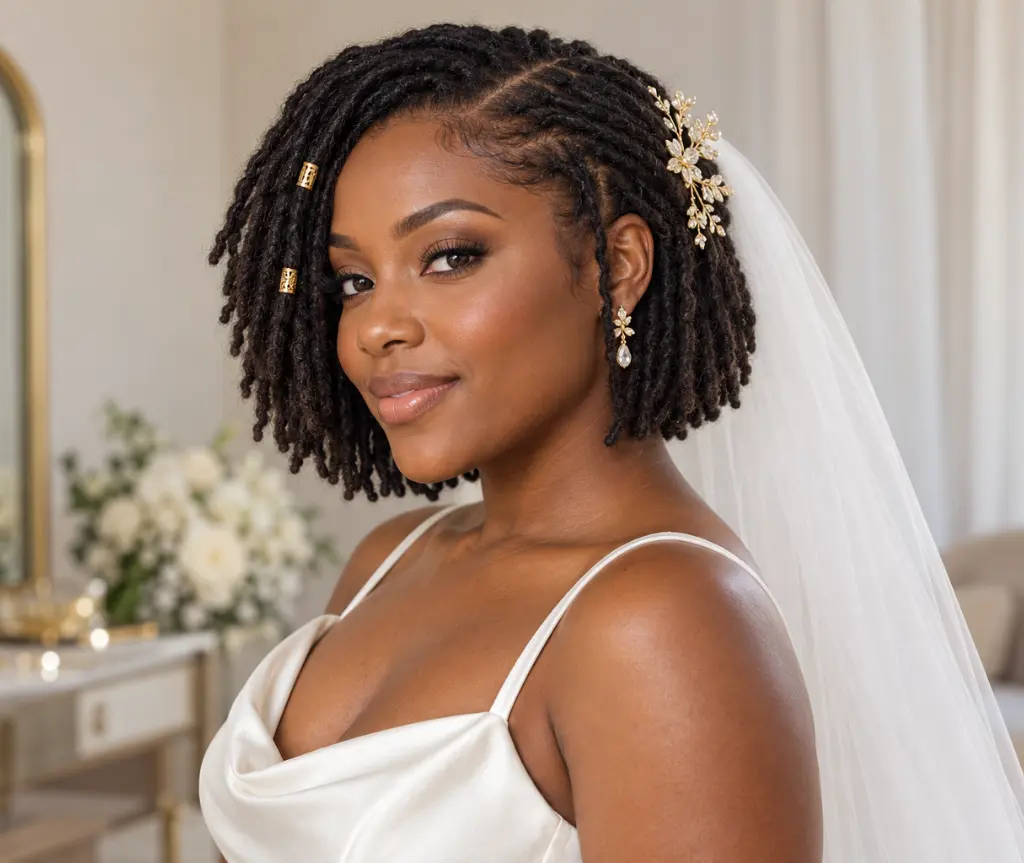 Short Loc Bob with a Gold Cuff and Veil Comb
