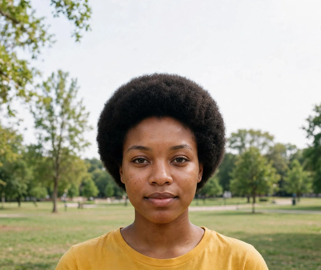 Black woman with a perfectly rounded short natural afro, even halo shape and soft texture