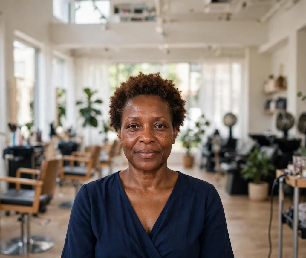 Black woman with a short 4C wash-and-go afro, tight coils with soft definition
