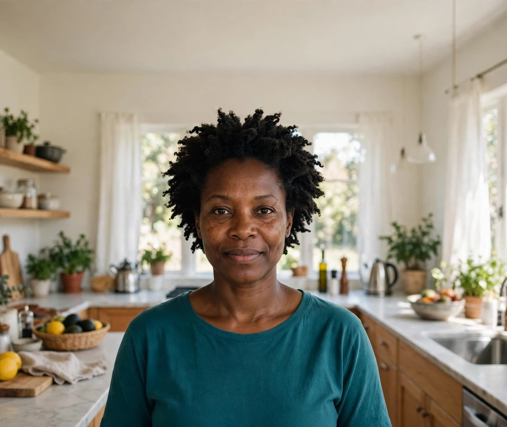 Black woman with a short twist-out afro, stretched defined waves and fullness