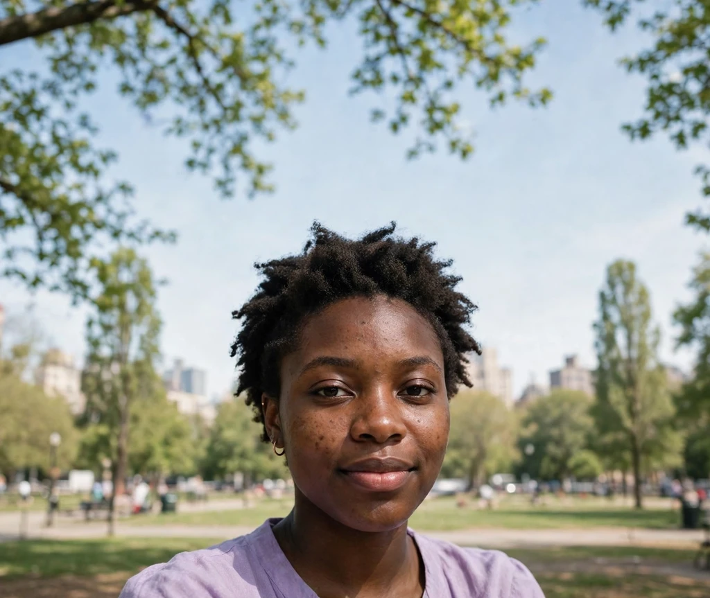 Black woman with a short braid-out afro, crinkled texture and rounded shape