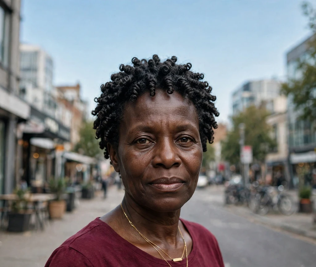 Black woman with a finger-coiled short afro, neat spiral coils all over
