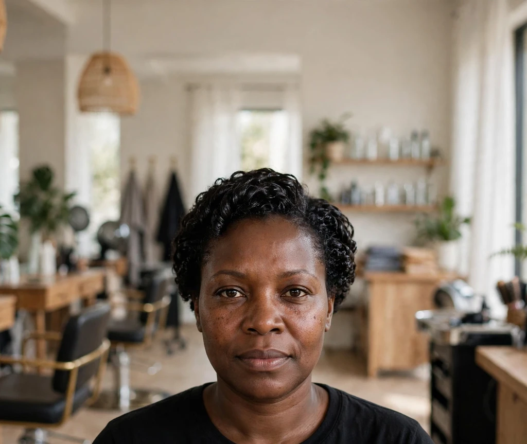 Black woman with a glossy moisturized short afro, healthy sheen on coils