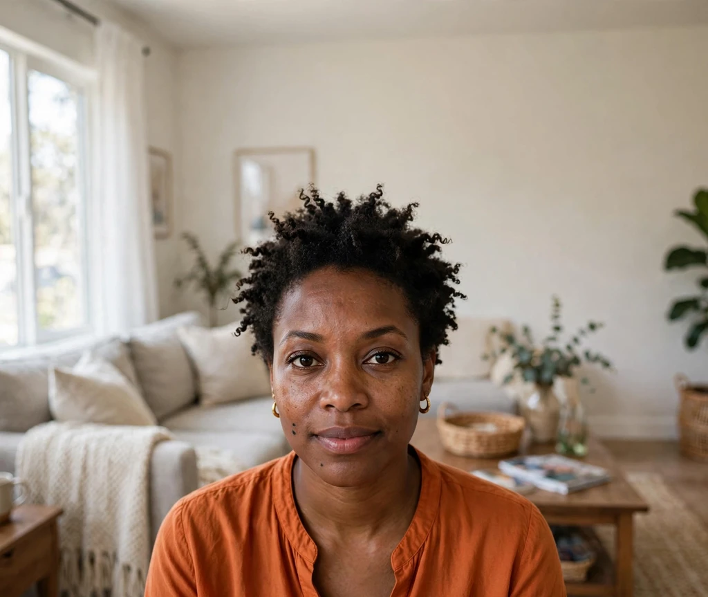 Black woman with a bantu knot-out short afro, springy corkscrew texture