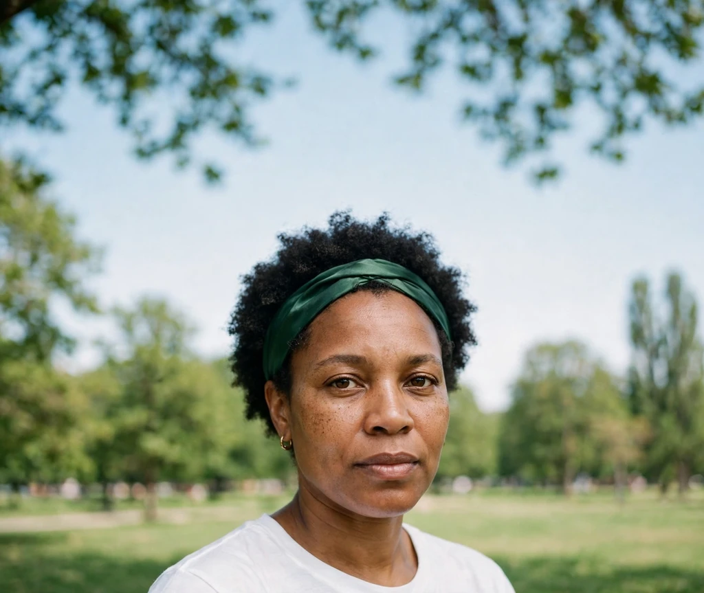 Black woman with a short natural afro styled with a satin headband